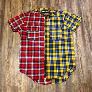 Homme + Femme Shirt Men's Medium Dual Plaid Two Pocket Raw Hem Zip Up